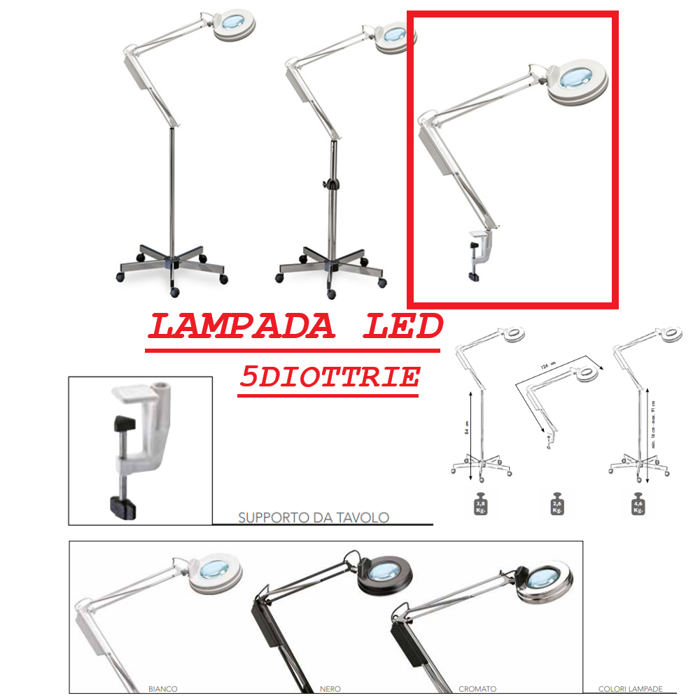 ELETTRO BEAUTY LAMPADA LUCE LED CON MORSETTO DA TAVOLO LAMPADA 5 DIOTTRIE LF.LED5TA