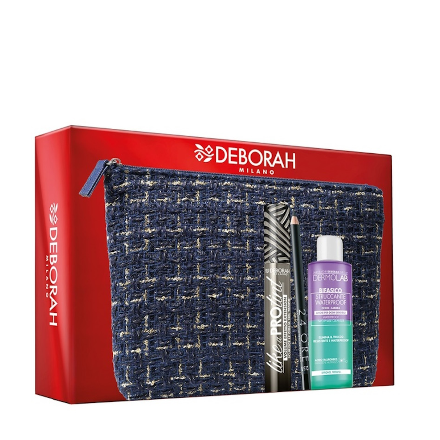DEBORAH POCHETTE BLU FODERATA MASCARA LIKE A PRO TINT + MATITA OCCHI 24ORE N.251 + MINI STRUCCANTE BIFASICO DERMOLAB