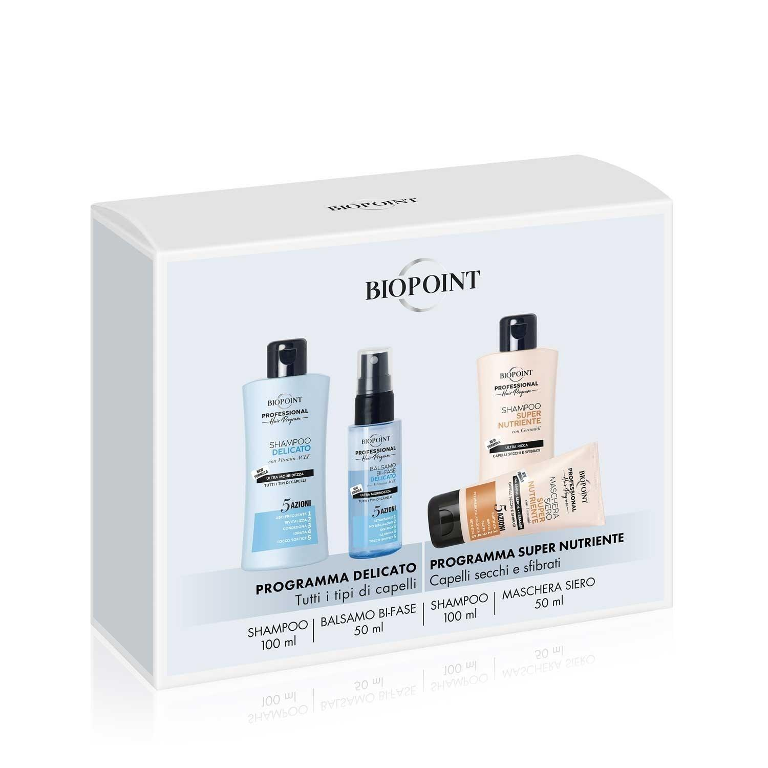 BIOPOINT COFANETTO MINISIZE SHAMPOO SUPER NUTRIENTE 100 ML + MASCHERA SIERO SUPER NUTRIENTE 50 ML + SHAMPOO DELICATO 100 ML + BALSAMO BIFASE DELICATO 50 ML