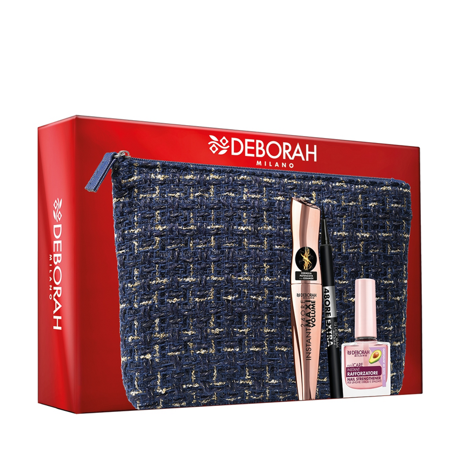 DEBORAH POCHETTE BLU FODERATA MASCARA 24ORE INSTANT MAX VOL CERAMIDI + EYELINER 48H + SMALTO RAFFORZATORE