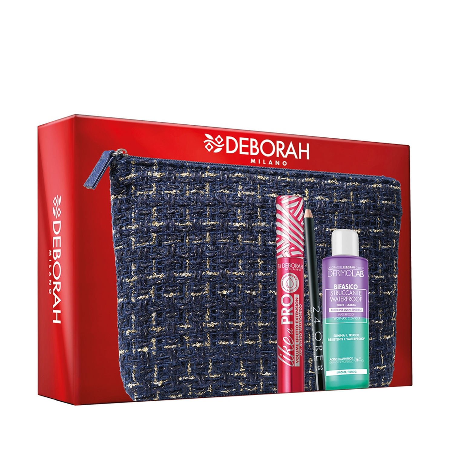 DEBORAH POCHETTE BLU FODERATA MASCARA LIKE A PRO ACIDO IALURONICO + MATITA OCCHI 24ORE N.251 + MINI STRUCCANTE BIFASICO DERMOLAB