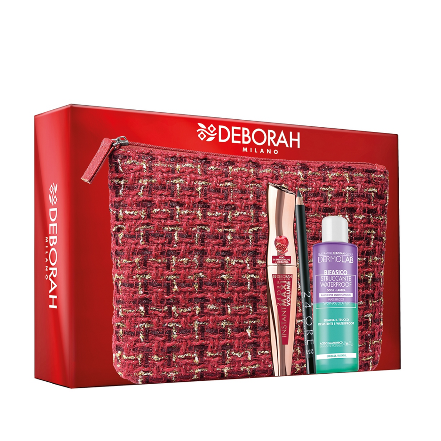 DEBORAH POCHETTE ROSSA FODERATA MASCARA 24ORE INSTANT MAX VOL MELOGRANO + MATITA OCCHI 24ORE N.251 + MINI STRUCCANTE BIFASICO DERMOLAB