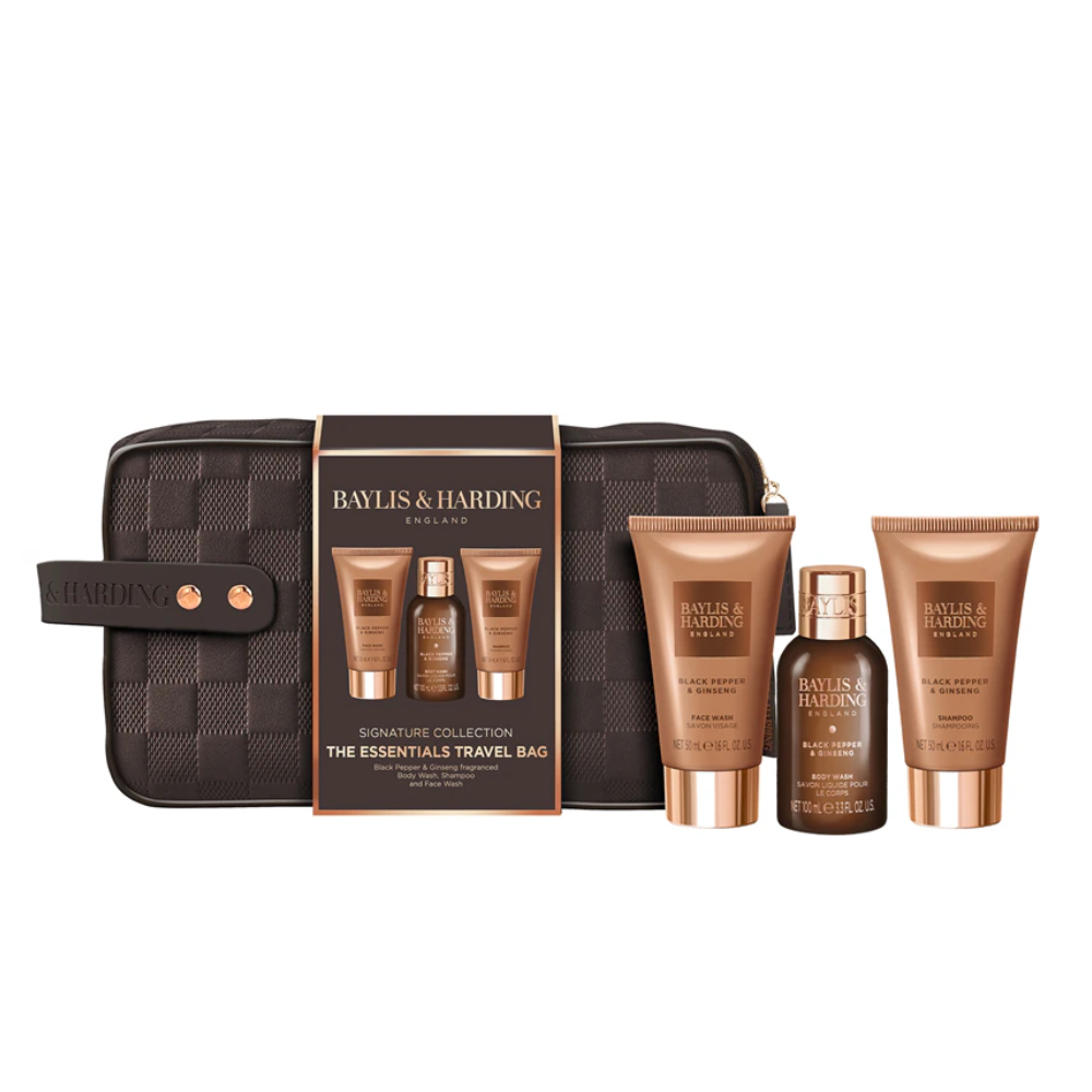 BAYLIS & HAIRDING CONF. BORSELLO + DETERGENTE VISO + BAGNOSCHIUMA + SHAMPOO BLACK PEPPER & GINSENG BH25BPWBAG