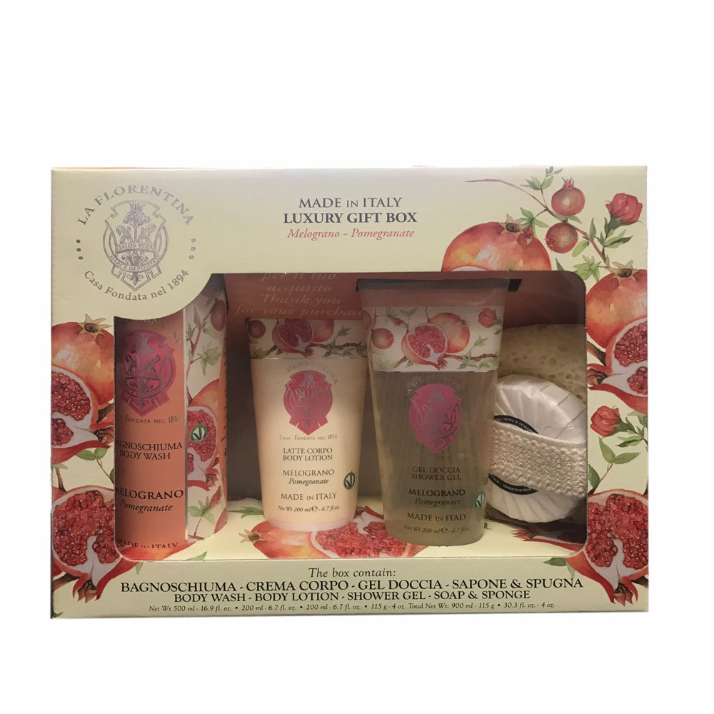 LA FLORENTINA LUXURY GIFT BOX MELOGRANO BAGNOSCHIUMA 500ML+ GEL DOCCIA 200ML+ CREMA CORPO 200ML+ SAPONE PLISSE'&SPUGNA 200039