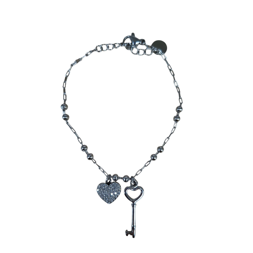 FILO DICIOTTO BRACCIALE IN ACCIAIO CIONDOLO CUORE CON CHIAVE ARGENTO LINEA 180 26.000